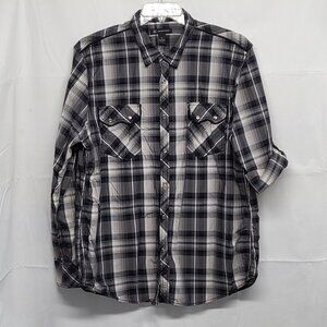 Inc International Concepts Mens Shirt Pearl Snap XL Roll Tab Sleeve Plaid Pocket